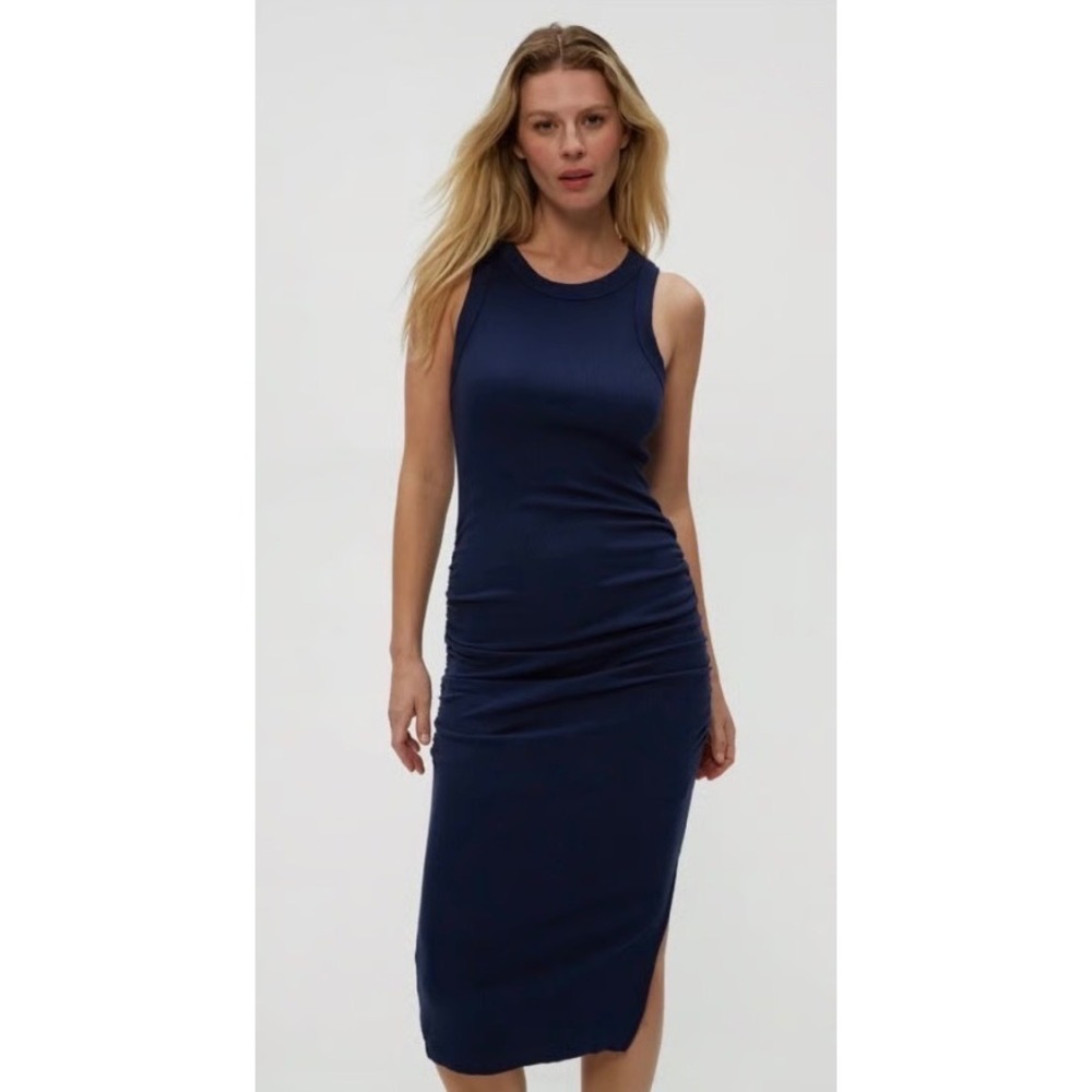 Michael Stars Women's S Ruched Midi Dress Navy Blue Ribbed Sleeveless 2597